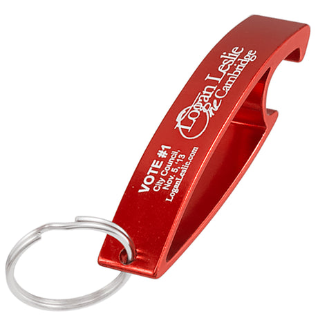 Red Aluma bottle opener keychain with custom logo engraving on top