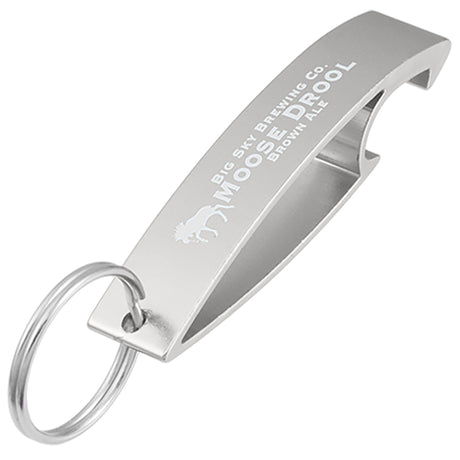 Silver Aluma bottle opener keychain with custom logo engraving on top