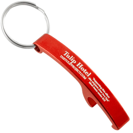 Red Lasered Arc Keychain Bottle Opener with engraved logo
