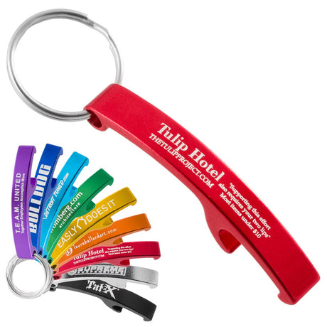 Custom engraved bottle opener keychains. The main opener of the image is red and is large in the center of the image. In the bottom left corner are additional colors of the same item spread out in a rainbow arrangement.