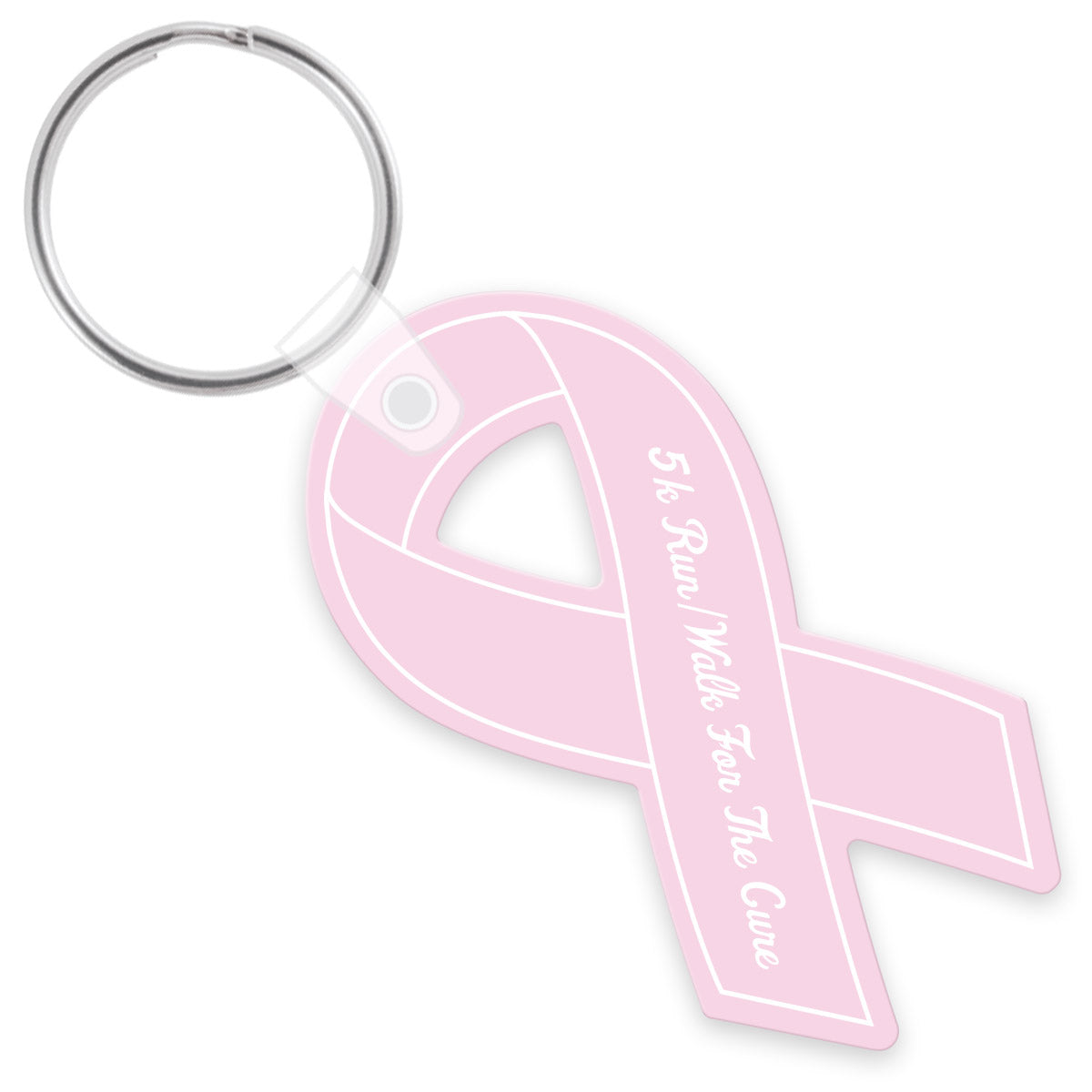 Pink awareness ribbon shaped keychain with a white custom imprint