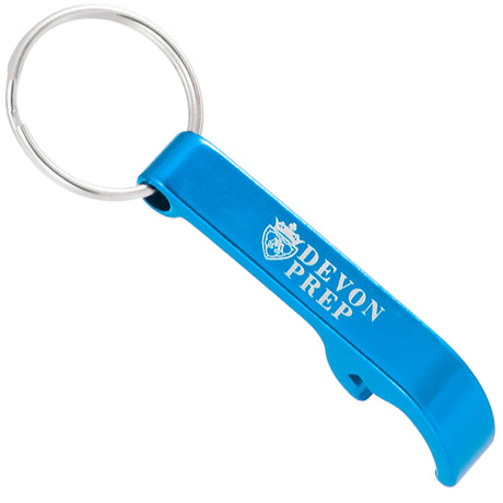 Brilliant blue Beverage Bar Bottle Opener keychain with custom logo engraving