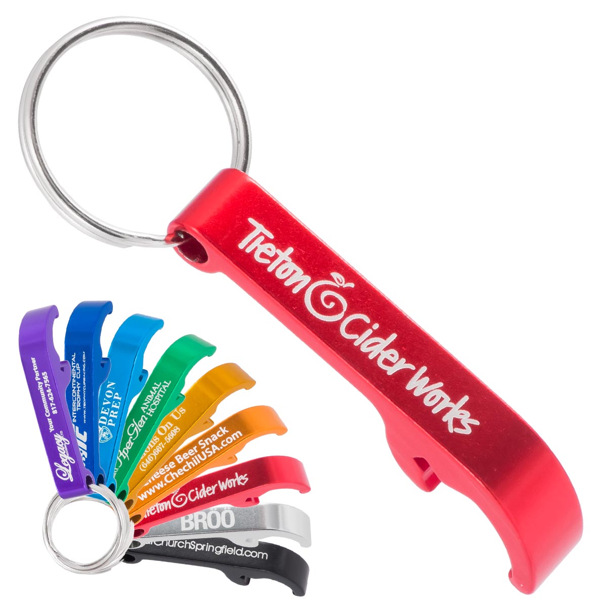 Custom engraved keychain bottle openers. The main image is a red opener, with smaller openers in different colors shown in the bottom left.