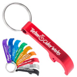 Custom engraved keychain bottle openers. The main image is a red opener, with smaller openers in different colors shown in the bottom left.
