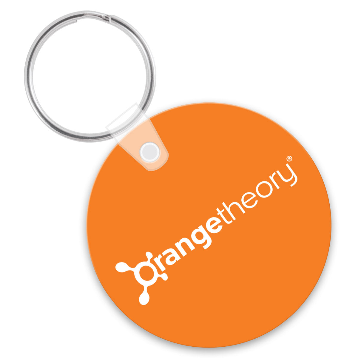 Round orange keychain with a white custom logo imprint