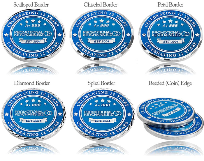 Set of blue custom coins with different border designs on a white background.