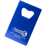 Blue anodized aluminum credit card style bottle opener with a customized logo engraving