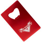 Red anodized aluminum credit card style bottle opener with a customized logo engraving