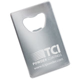 Silver aluminum credit card style bottle opener with a customized logo engraving