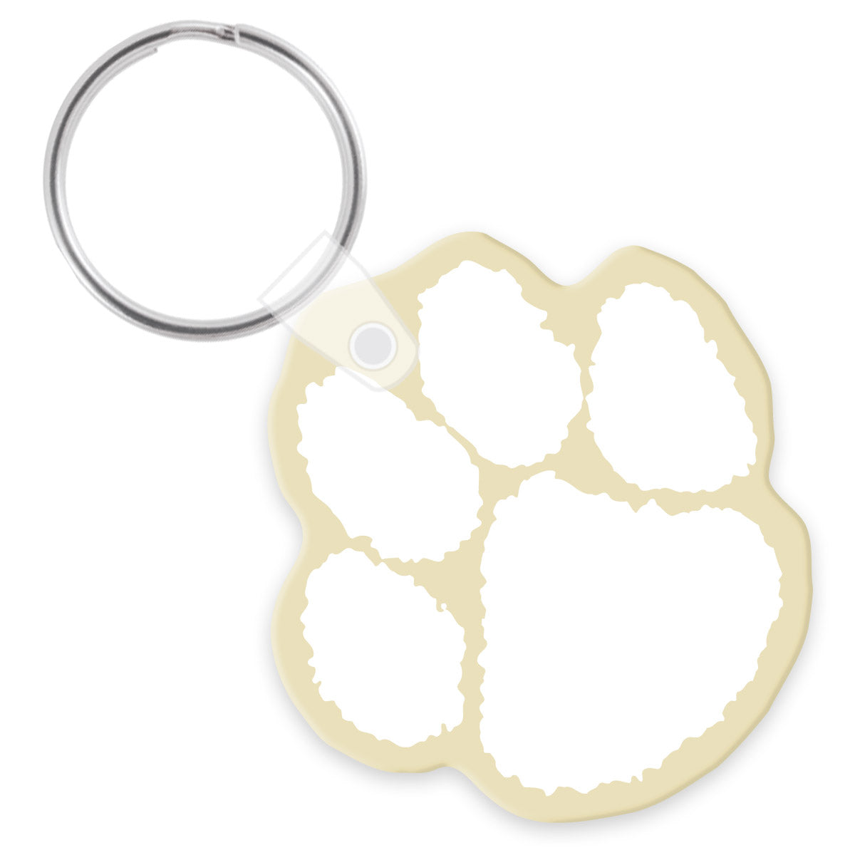 Cuddly paw print shaped keychain with a beige base with a white imprint