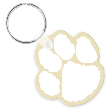 Cuddly paw print shaped keychain with a beige base with a white imprint