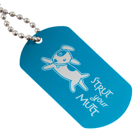 Brilliant blue aluminum dog tag with custom logo engraving and ball chain attachment