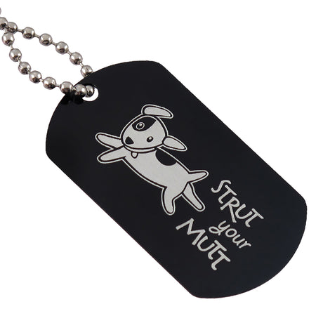 Black aluminum dog tag with custom logo engraving and ball chain attachment