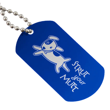 Blue aluminum dog tag with custom logo engraving and ball chain attachment
