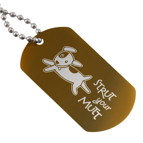 Bronze aluminum dog tag with custom logo engraving and ball chain attachment