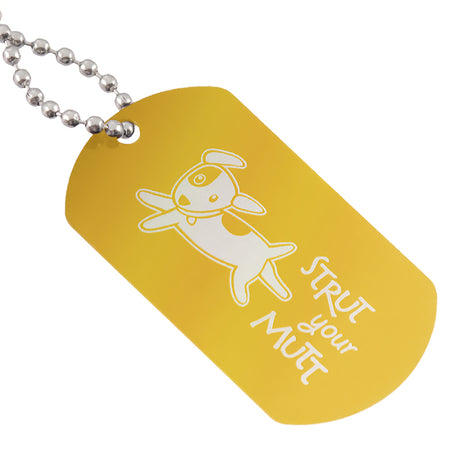 Gold aluminum dog tag with custom logo engraving and ball chain attachment