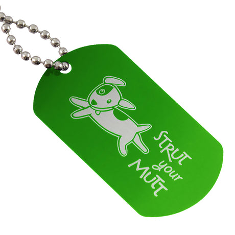 Green aluminum dog tag with custom logo engraving and ball chain attachment