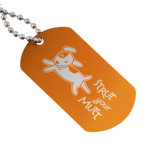 Orange aluminum dog tag with custom logo engraving and ball chain attachment