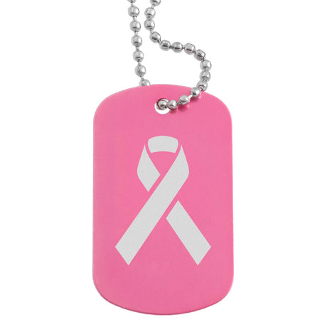 Pink aluminum dog tag with custom logo engraving and ball chain attachment