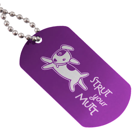 Purple aluminum dog tag with custom logo engraving and ball chain attachment