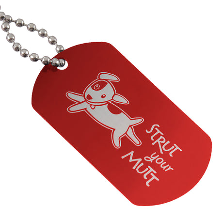 Red aluminum dog tag with custom logo engraving and ball chain attachment