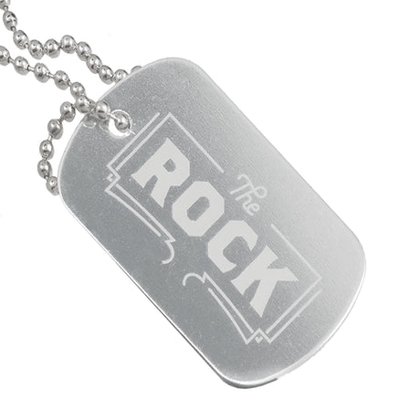 Silver aluminum dog tag with custom logo engraving and ball chain attachment