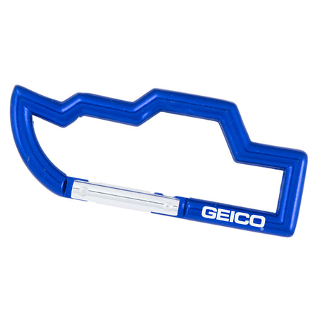 Blue colored carabiner that is shaped like a boat and features a custom engraving