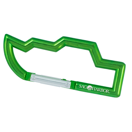 Green colored carabiner that is shaped like a boat and features a custom engraving