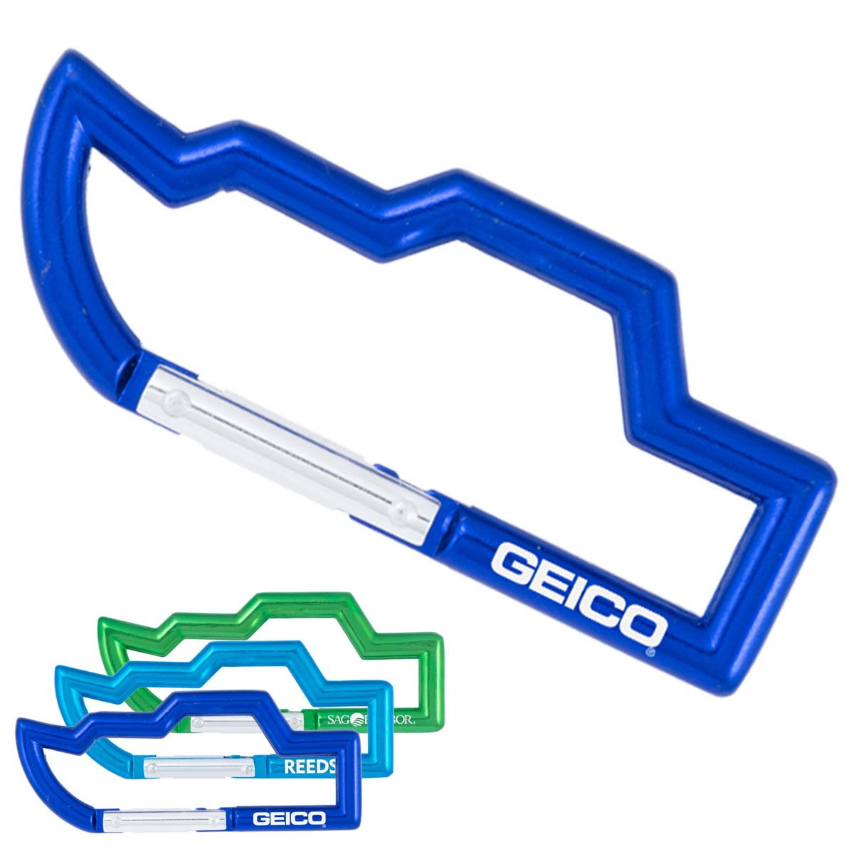 Blue boat shaped carabiner on a white background with smaller boat carabiners in the corner, they are blue, aqua, and green colored