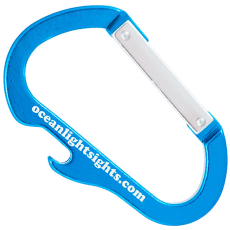 Brilliant blue carabiner with integrated bottle opener