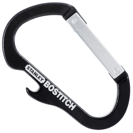 Black carabiner with integrated bottle opener