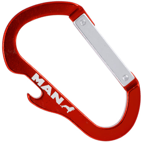 Red carabiner with integrated bottle opener