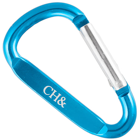 Brilliant blue 50mm carabiner with custom engraved text