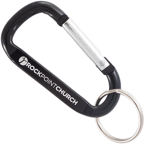 Black 60mm carabiner with custom engraving and attached key ring