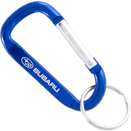 Blue 60mm carabiner with custom engraving and attached key ring