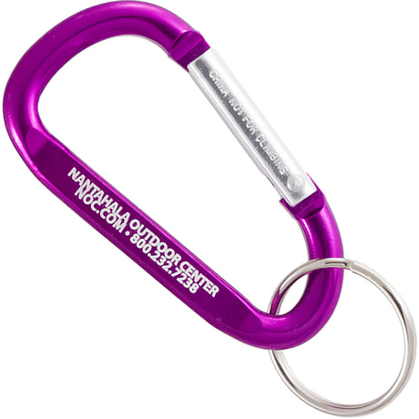 Purple 60mm carabiner with custom engraving and attached key ring