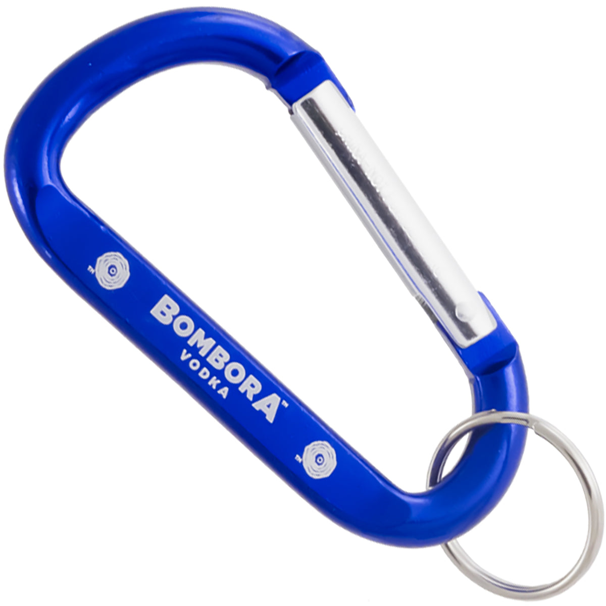 Blue color 80mm carabiner with  a customized engraving and key ring attached