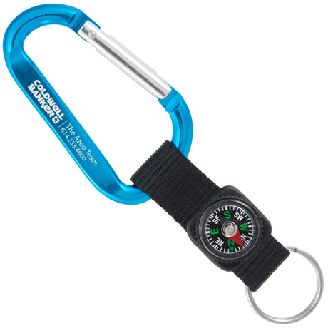 Brilliant blue colored carabiner with custom engraving and black compass strap key ring attachment