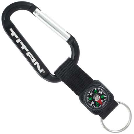 Black colored carabiner with custom engraving and black compass strap key ring attachment