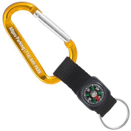 Gold colored carabiner with custom engraving and black compass strap key ring attachment