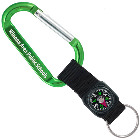 Green colored carabiner with custom engraving and black compass strap key ring attachment