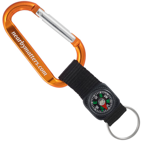 Orange colored carabiner with custom engraving and black compass strap key ring attachment
