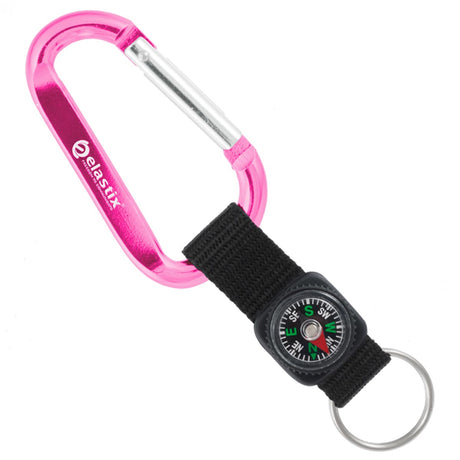 Pink colored carabiner with custom engraving and black compass strap key ring attachment