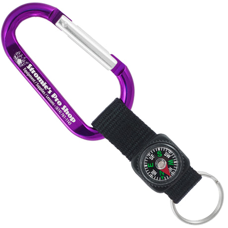 Purple colored carabiner with custom engraving and black compass strap key ring attachment