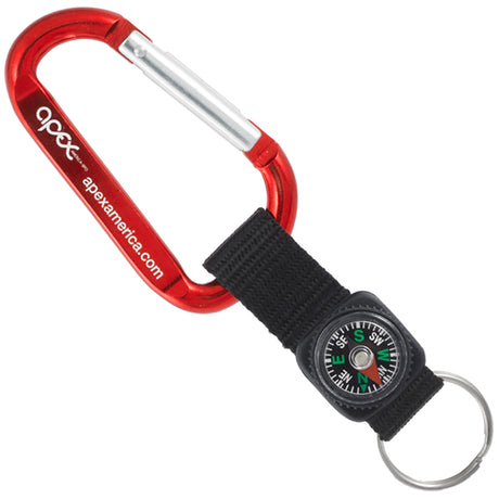 Red colored carabiner with custom engraving and black compass strap key ring attachment