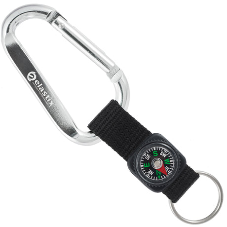 Silver colored carabiner with custom engraving and black compass strap key ring attachment
