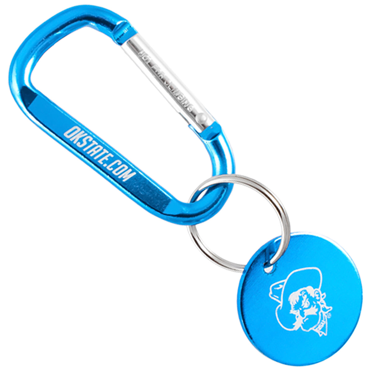 Brilliant blue colored carabiner and medallion with custom engraving
