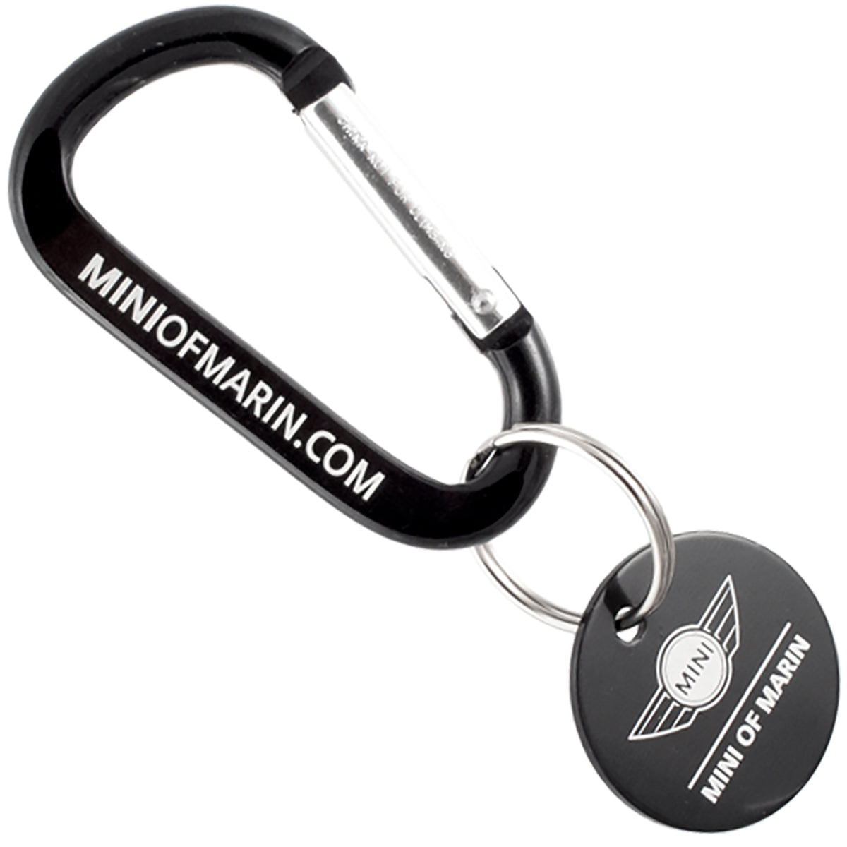 Black colored carabiner and medallion with custom engraving