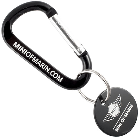Black colored carabiner and medallion with custom engraving
