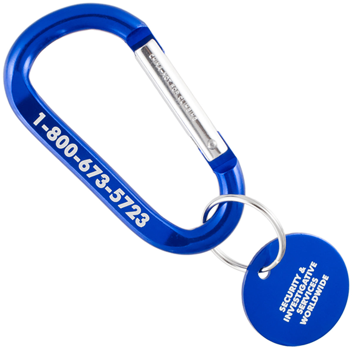 Blue colored carabiner and medallion with custom engraving